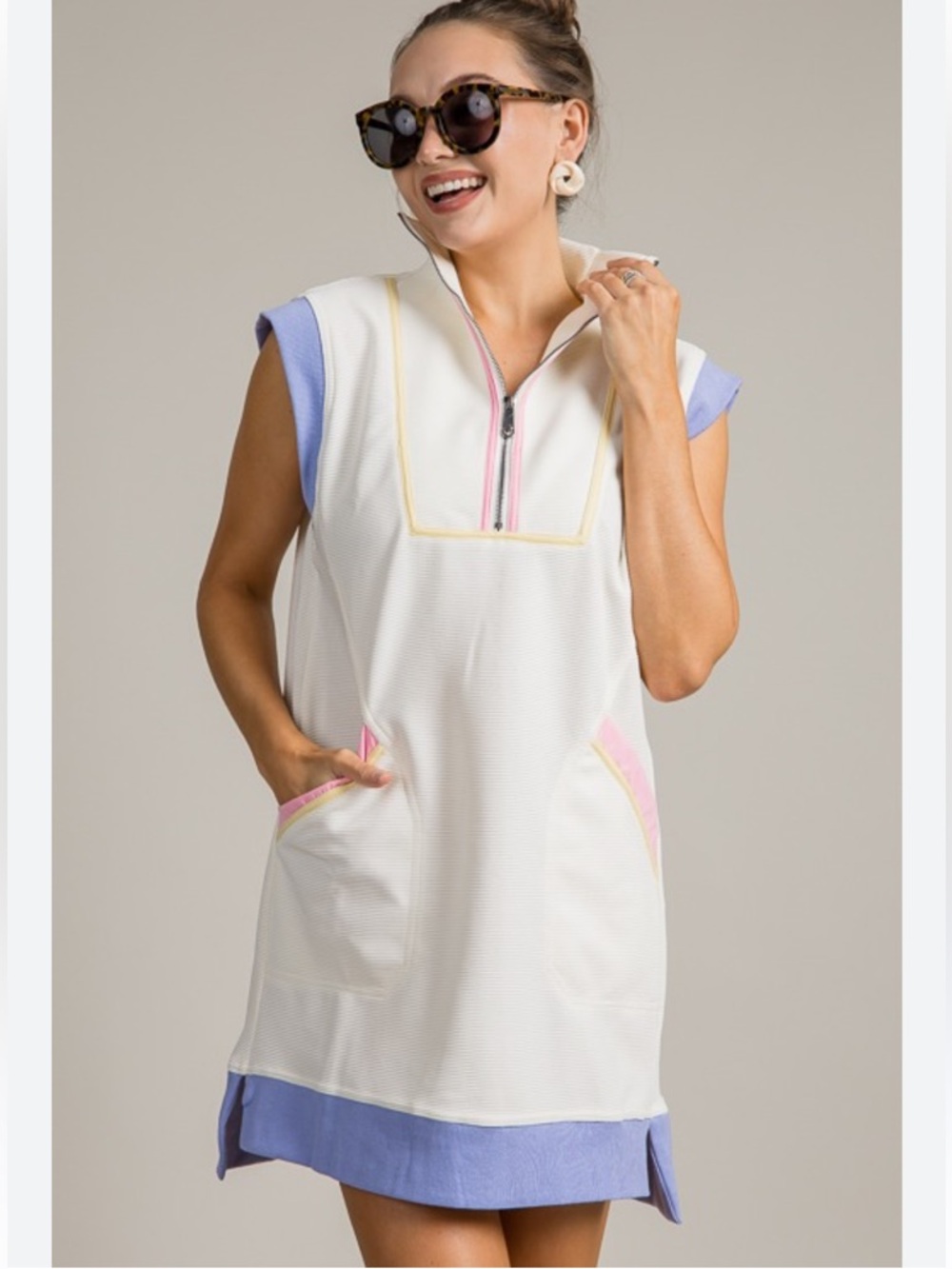 entro Cream Ribbed Sleeveless Top Colorblock Zip sporty shirt Dress size large